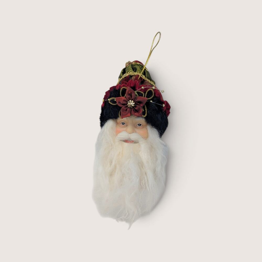 Vintage Santa Head Ornament Velvet Cap Red Floral Christmas Tree Decor